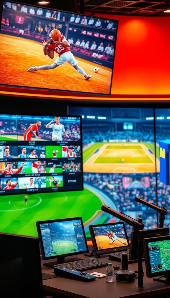 A high-energy sports broadcast studio with a dynamic display of Hoxtoon Provider IPTV channels. In the foreground, a wall-mounted screen showcases various sports events - from basketball and football to soccer and tennis. The middle ground features a desk with sports commentary equipment, microphones, and a set of monitors displaying additional sports programming. The background is filled with a vibrant, blurred cityscape, hinting at the global reach and diversity of the Hoxtoon Provider IPTV service. Warm, focused lighting and a sleek, professional design convey the premium quality and comprehensive sports coverage offered by the Hoxtoon Provider IPTV platform.
