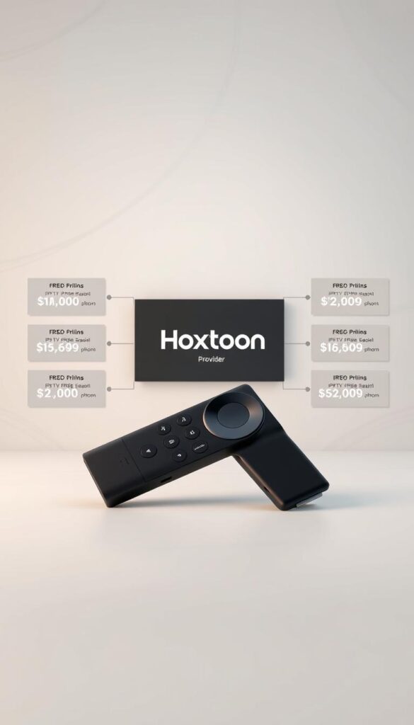 A high-quality 3D render of a Firestick device displayed prominently in the center of the frame, with a clean, modern user interface showcasing the "Hoxtoon Provider" brand name and various IPTV service subscription plans and pricing options elegantly presented around it. The background is a minimalist, light-colored setting with subtle textures and patterns, creating a sense of sophistication and professionalism. The lighting is soft and even, accentuating the details of the Firestick and the UI elements. The overall composition is well-balanced, drawing the viewer's attention to the key information about the Hoxtoon IPTV service.