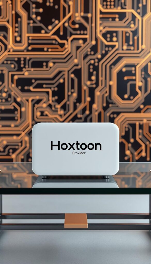 A high-quality 3D render of a sleek, modern IPTV set-top box with the Hoxtoon Provider brand logo prominently displayed on the front panel. The device is sitting on a minimalist glass and steel table, against a backdrop of futuristic, interconnected circuit boards and digital data streams. Soft, warm lighting illuminates the scene, creating a sense of technological sophistication and innovation. The overall composition highlights the advanced features and reliable performance of the Hoxtoon IPTV service.