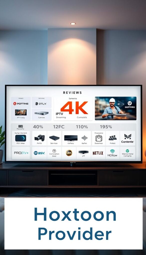A high-quality 4K IPTV review board set against a backdrop of a modern, minimalist home office. The board showcases various streaming services, device compatibility, and content offerings, all presented in a sleek, professional manner. The lighting is warm and inviting, with a subtle focus on the Hoxtoon Provider brand name prominently displayed. The overall atmosphere conveys a sense of trust, reliability, and informed decision-making for those seeking the best IPTV solution.