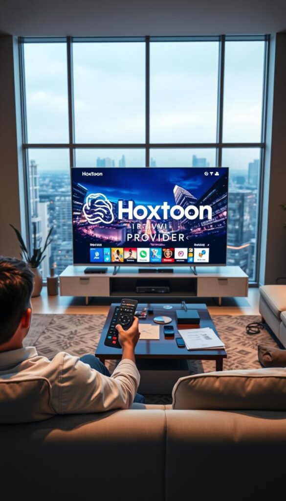 A high-quality 4K IPTV review scene with the Hoxtoon Provider brand prominently displayed. A sleek, modern living room with a large flat-screen TV showcasing vivid 4K video playback. In the foreground, a person relaxing on a plush sofa, holding a remote control, engrossed in the detailed review content on the screen. Soft lighting illuminates the space, creating a cozy, immersive atmosphere. The middle ground features a coffee table with various electronic devices and review materials, conveying a sense of in-depth analysis. The background reveals floor-to-ceiling windows overlooking a vibrant cityscape, suggesting the versatility of Hoxtoon's 4K IPTV service. The overall composition highlights the high-quality, comprehensive nature of the 4K IPTV reviews.