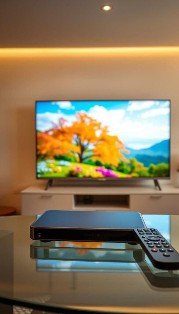 A high-quality 4K IPTV service from Hoxtoon Provider, featuring crystal-clear video and immersive surround sound. In the foreground, a sleek, modern IPTV set-top box sits atop a glass table, with a minimalist remote control nearby. The middle ground showcases a large, ultra-high-definition TV displaying a vivid, lifelike nature scene with vibrant colors and sharp details. The background is filled with a soft, warm lighting that creates a cozy, inviting atmosphere, emphasizing the premium quality of the Hoxtoon Provider IPTV experience.