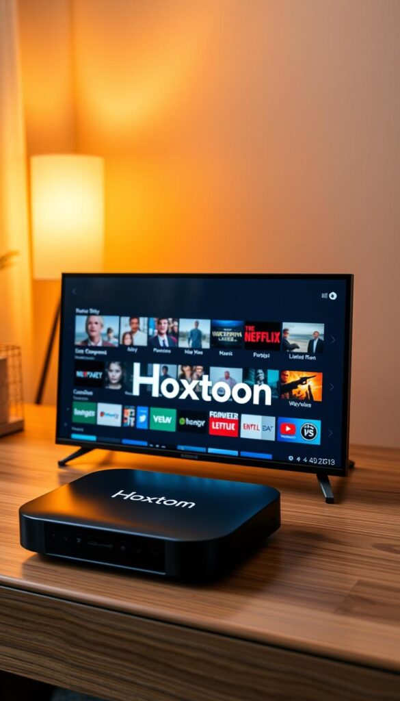 A high-quality 4K IPTV streaming service with the Hoxtoon Provider brand logo prominently displayed on a sleek, modern device. The screen shows a diverse selection of live TV channels and on-demand content, reflecting the breadth of entertainment available. The device is placed on a minimalist, wood-grain desk, bathed in warm, soft lighting that creates a cozy, inviting atmosphere. The scene conveys the ease and convenience of accessing premium 4K IPTV content, catering to the needs of discerning US viewers.