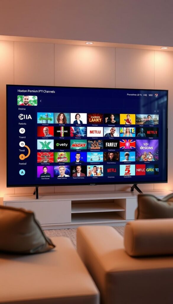 A high-quality 4K image of a large television screen displaying a diverse selection of premium IPTV channels from the Hoxtoon Provider service. The screen shows a grid of 20+ live channels with vivid colors, sharp details, and a sleek modern user interface. The television is positioned in a stylish living room setting with minimalist decor and soft, warm lighting creating a cozy, cinematic atmosphere. The camera angle captures the screen at a slight diagonal to showcase the extensive channel options available.