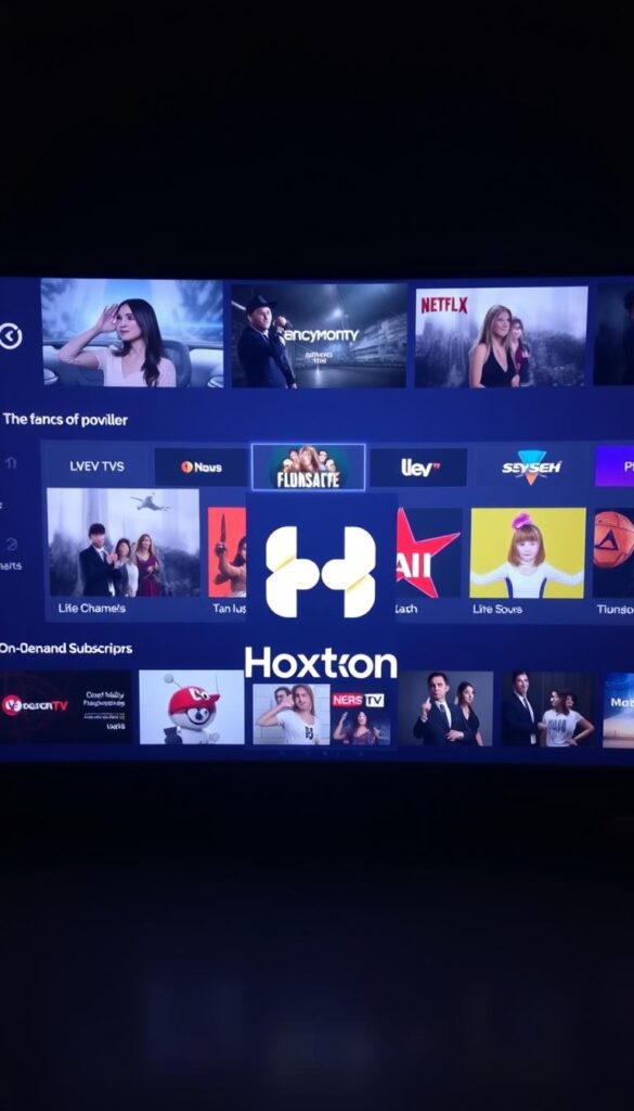 A high-quality 4K image of an IPTV subscription service interface, showcasing the Hoxtoon Provider brand. The interface displays a sleek and modern design, with a clean layout highlighting various content categories and subscription options. The foreground features a large centered logo of the Hoxtoon Provider, subtly illuminated by soft, directional lighting. The middle ground showcases a selection of popular live TV channels and on-demand content thumbnails, while the background depicts a subtle gradient or abstract pattern, creating a sense of depth and sophistication. The overall mood is one of premium, reliable, and user-friendly IPTV service.