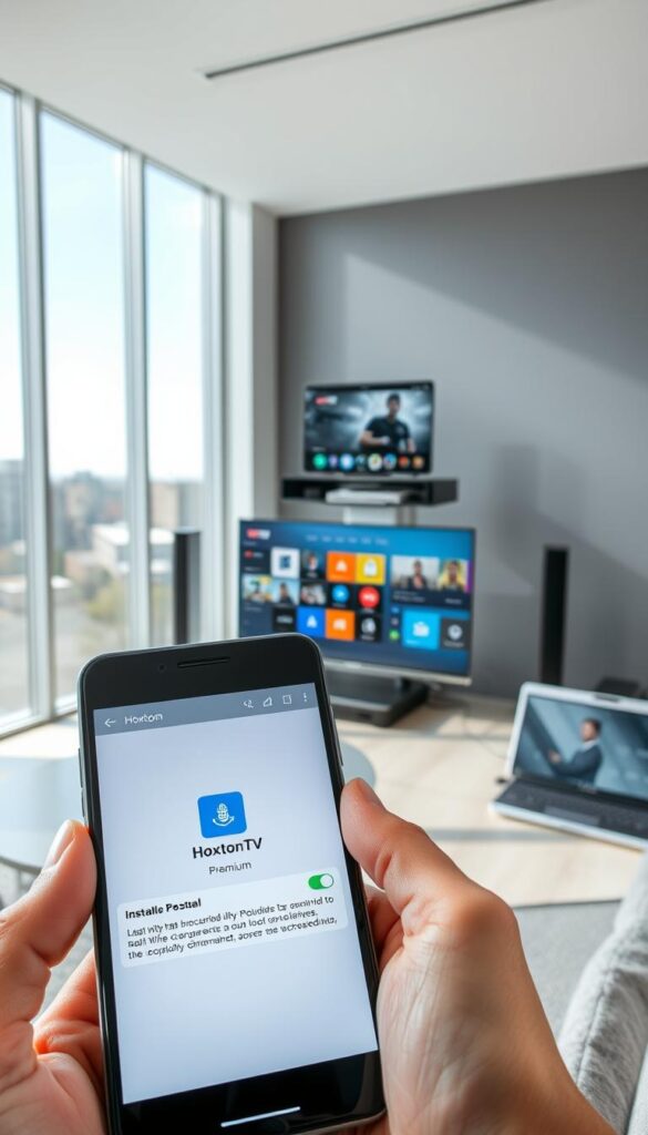 A high-quality, 4K resolution image of the Hoxtoon Provider IPTV Premium APK being downloaded onto a modern smartphone. The phone is held in the foreground, with a clean and minimalist interface showcasing the app installation process. In the middle ground, a stack of devices including a smart TV, tablet, and laptop, all connected and displaying the IPTV service. The background features a sleek, modern interior with floor-to-ceiling windows, allowing natural light to pour in and create a bright, airy atmosphere. The overall mood is one of seamless connectivity, entertainment, and the convenience of accessing premium streaming content.