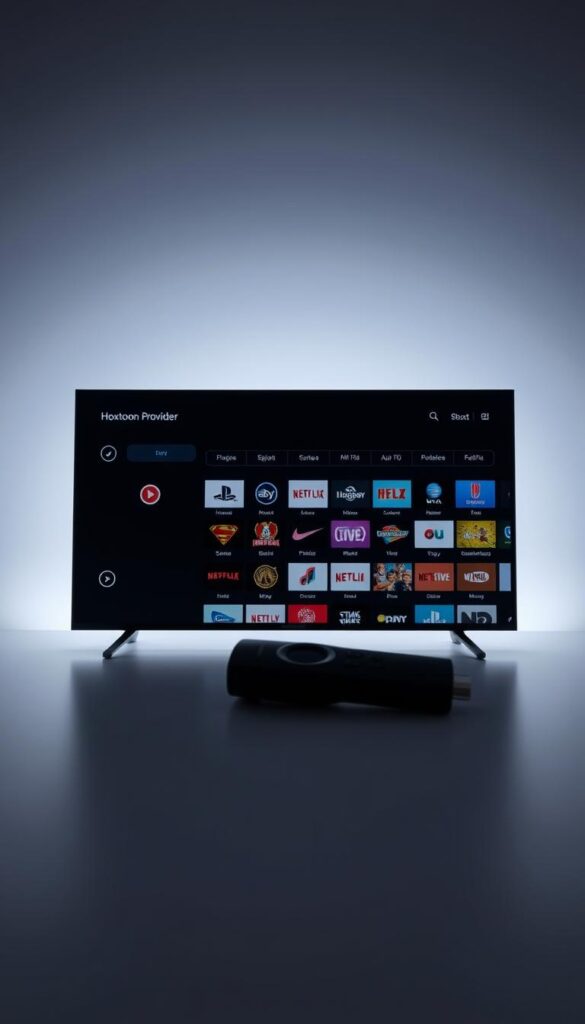 A high-quality 4K screenshot of the Hoxtoon Provider IPTV interface as displayed on a Firestick device. The interface features a sleek, modern design with a dark color scheme, clean lines, and intuitive navigation. The main menu displays a grid of channel icons, seamlessly organized by categories. The backdrop shows a subtle gradient pattern, creating depth and a sense of depth. Soft, directional lighting illuminates the interface, casting subtle shadows and highlights to enhance the visual appeal. The camera angle provides a centered, eye-level perspective, allowing the viewer to clearly see the entire interface layout. The overall mood is one of sophistication and functionality, perfectly suited for the targeted article section.