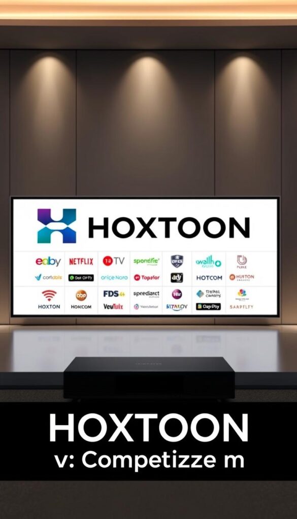 A high-quality, 4K ultra-HD image showcasing a comprehensive comparison between the "Hoxtoon Provider" and its competitors in the premium IPTV market. The foreground features the Hoxtoon logo and branding, prominently displayed against a sleek, modern backdrop. The middle ground showcases various IPTV service logos, allowing for a side-by-side visual evaluation. The background depicts a sophisticated, minimalist environment with subtle lighting and gradients, creating a sense of premium quality and attention to detail. The overall composition is balanced, visually striking, and effectively conveys the essence of the "HOXTOON vs. Competitors: Comprehensive Comparison" section.