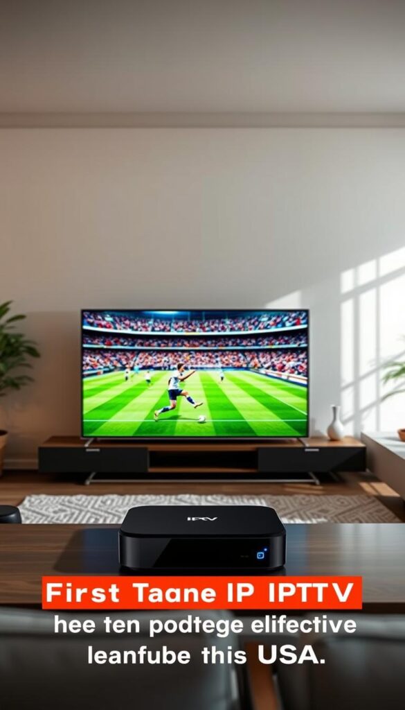 A high-quality 4K ultra-HD video frame showcasing a side-by-side comparison of IPTV streaming quality. In the foreground, a smart TV displays a soccer match with vivid colors, sharp details, and smooth motion, representing the Hoxtoon Provider's premium IPTV service. In the middle ground, a budget IPTV box exhibits a blurry, pixelated image with compression artifacts, highlighting the inferior quality. The background depicts a modern living room setting with sleek, minimalist furniture, emphasizing the contrast between the two IPTV experiences. Lighting is natural and warm, creating a cozy, immersive atmosphere. The overall composition and technical execution convey the importance of selecting the best IPTV for Indian sports channels in the USA.