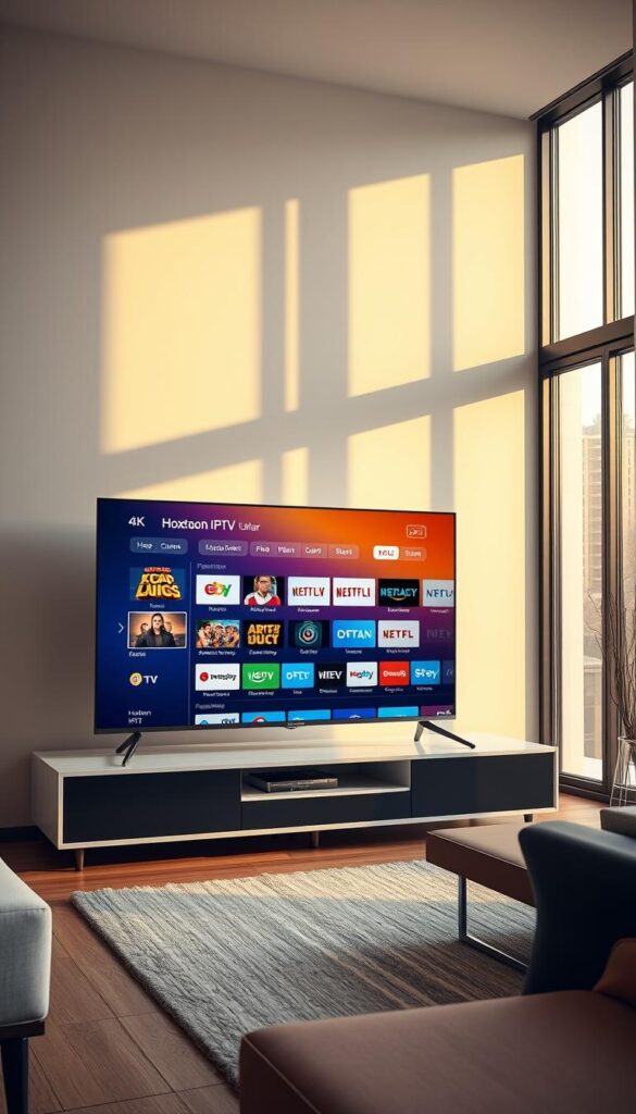 A high-quality, 4K ultra-high definition image of a Hoxtoon Provider IPTV subscription service displayed on a modern, 65-inch 4K smart TV. The TV is situated on a sleek, minimalist entertainment center in a well-lit, contemporary living room. The scene is bathed in warm, natural lighting from large windows, creating a cozy, inviting atmosphere. The TV's display showcases the Hoxtoon Provider interface, highlighting its intuitive menu system and a wide selection of live TV channels and on-demand content. The image conveys a sense of premium, reliable streaming quality and the convenience of a robust IPTV solution for discerning viewers.