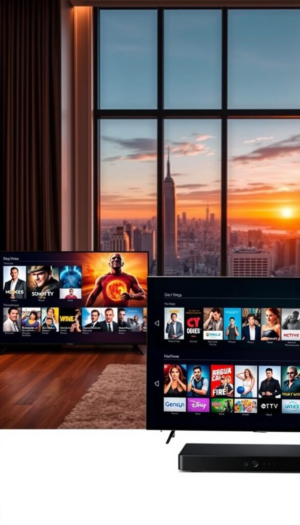 A high-quality IPTV experience with the Hoxtoon Provider, showcasing a vibrant and diverse array of entertainment channels. In the foreground, a sleek smart TV displays a curated selection of popular movies, series, and shows, their vivid colors and sharp details captivating the viewer. The middle ground features a minimalist media center, its modern design complementing the elegant living room setting. In the background, a floor-to-ceiling window offers a panoramic view of a bustling city skyline, bathed in the warm glow of the setting sun, creating a cozy and inviting atmosphere. The lighting is soft and natural, enhancing the overall cinematic quality of the scene.