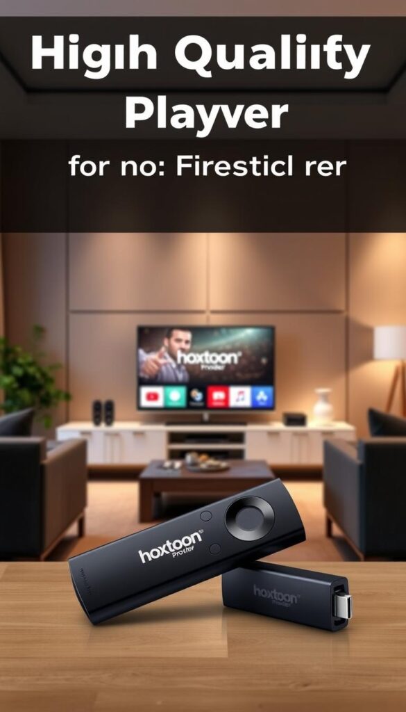 A high-quality IPTV player for Firestick set against a modern living room interior. In the foreground, a Firestick device prominently displayed, its interface showcasing the Hoxtoon Provider brand. The mid-ground features a sleek, minimalist media center with various streaming devices. The background depicts a cozy, well-lit room with modern furniture and decor, conveying a sense of comfort and entertainment. Subtle lighting and a wide-angle lens capture the scene in a warm, inviting manner.