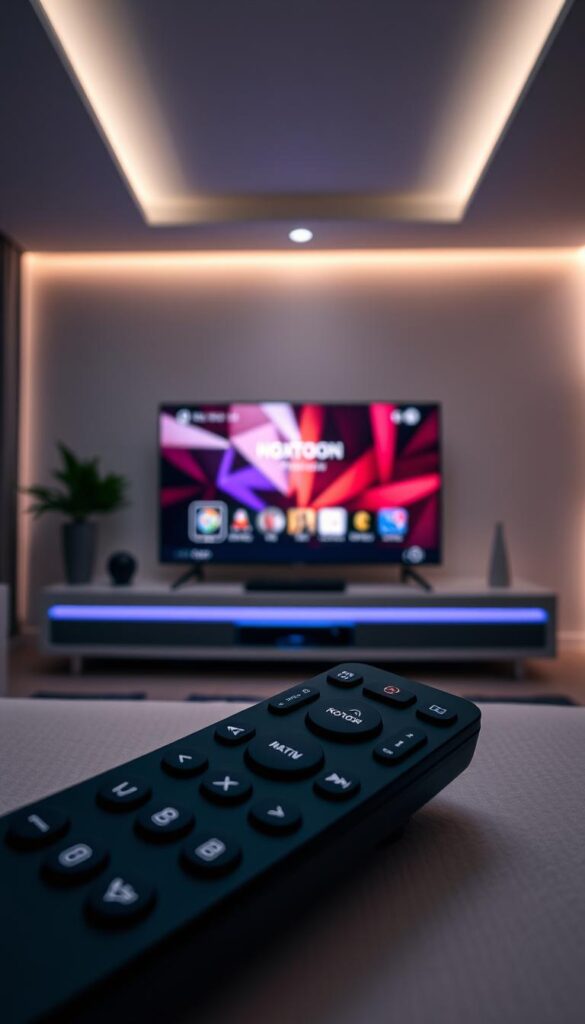 A high-quality IPTV premium subscription service presented in a modern, minimalist style. In the foreground, a sleek remote control with intuitive controls and the Hoxtoon Provider logo prominently displayed. In the middle ground, a state-of-the-art streaming device, perhaps a set-top box or smart TV, showcasing a vibrant and visually appealing user interface. The background features a clean, dimly lit interior, with subtle lighting accents that create a sense of sophistication and exclusivity. The overall atmosphere is one of technological advancement, convenience, and premium entertainment experience.