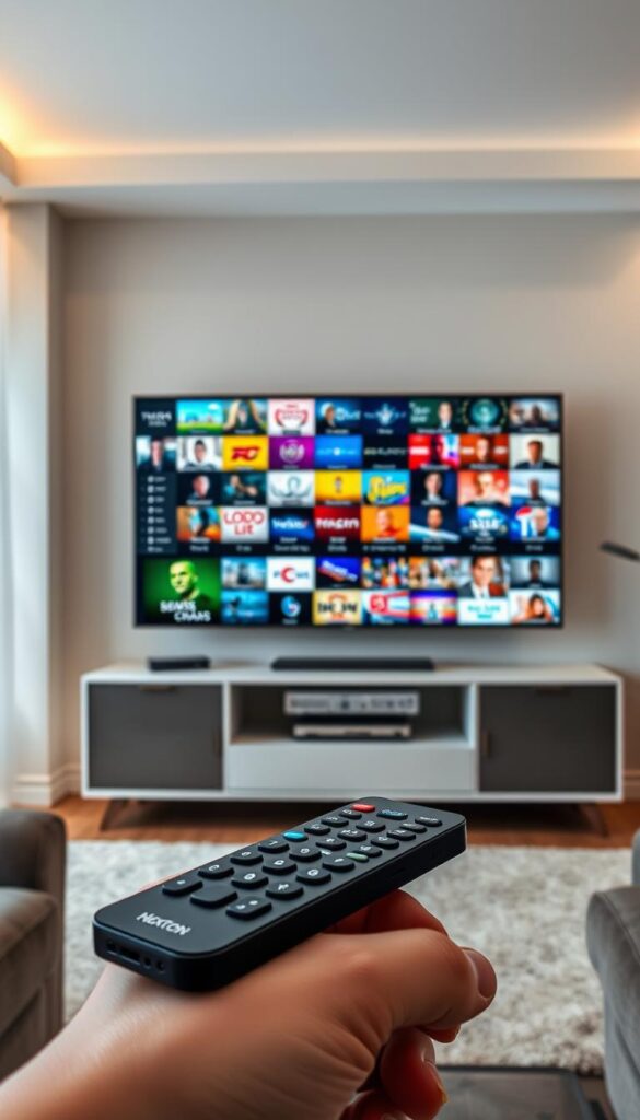 A high-quality IPTV server with a vast array of premium channels, showcasing the Hoxtoon Provider brand. The scene depicts a modern living room with a large flatscreen TV displaying a vivid, crystal-clear image of various channels, from news and sports to movies and entertainment. Soft lighting illuminates the room, creating a cozy, immersive atmosphere. In the foreground, a sleek, high-end remote control symbolizes the effortless control over this comprehensive IPTV experience. The middle ground features a minimalist, yet stylish media cabinet housing the Hoxtoon Provider IPTV box, seamlessly blending technology and interior design. The background hints at a well-appointed home, with tasteful decor and furnishings, reflecting the sophistication and comfort of a premium IPTV setup.