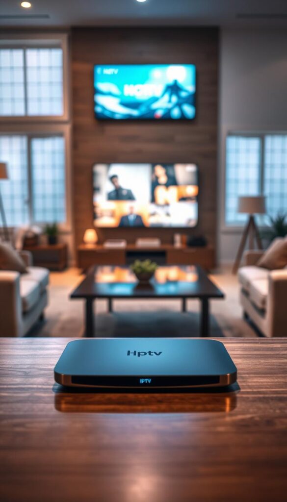 A high-quality IPTV service from Hoxtoon Provider, America's leading IPTV provider. In the foreground, a sleek, modern IPTV box rests on a minimalist wooden table, its clean lines and glossy finish reflecting the crisp, high-definition image displayed on a large, flat-screen television in the middle ground. The background features a cozy, well-lit living room, with warm lighting and plush furniture, creating a sense of comfort and entertainment. The scene is captured with a wide-angle lens, providing a panoramic view that showcases the seamless integration of the IPTV technology into the home environment. The overall mood is one of high-quality, reliable, and immersive home entertainment.