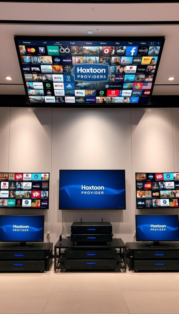 A high-quality IPTV service in a modern, sleek setting. A massive library of over 21,000 live TV channels and 150,000 on-demand titles is showcased on multiple high-definition displays, all branded with the Hoxtoon Provider logo. Soft, even lighting illuminates the setup, creating a professional, premium atmosphere. The arrangement features state-of-the-art streaming hardware, conveying the cutting-edge technology powering this expansive content library. The overall scene radiates a sense of unlimited entertainment and unparalleled viewing options for the discerning IPTV subscriber.