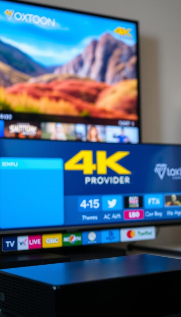 A high-quality IPTV service in the UK, with a sleek and modern interface. The screen displays a vibrant 4K video stream, showcasing the exceptional resolution and clarity. In the foreground, the Hoxtoon Provider logo is prominently displayed, indicating the reliable and trustworthy service. The middle ground features a clean and intuitive menu system, allowing for easy navigation through the extensive library of live TV channels and on-demand content. The background is subtly blurred, creating a sense of depth and focus on the primary elements. The lighting is soft and natural, enhancing the overall visual appeal. The camera angle is slightly elevated, providing a comprehensive view of the IPTV experience.