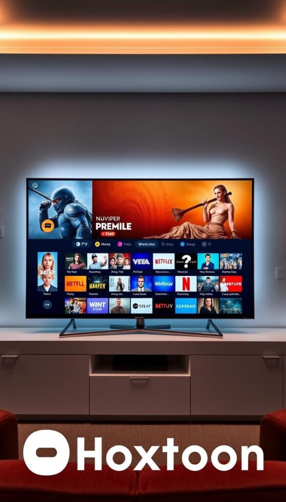 A high-quality IPTV service in the USA, showcasing the Hoxtoon Provider brand. A sleek, modern interface displays a grid of channels, with a focus on premium content. The scene is well-lit, with a soft, warm glow emanating from the display. The background features clean, minimalist design elements, conveying a sense of professionalism and reliability. The overall atmosphere is one of seamless entertainment and legal accessibility, highlighting the ease of use and legitimacy of the Hoxtoon IPTV service.