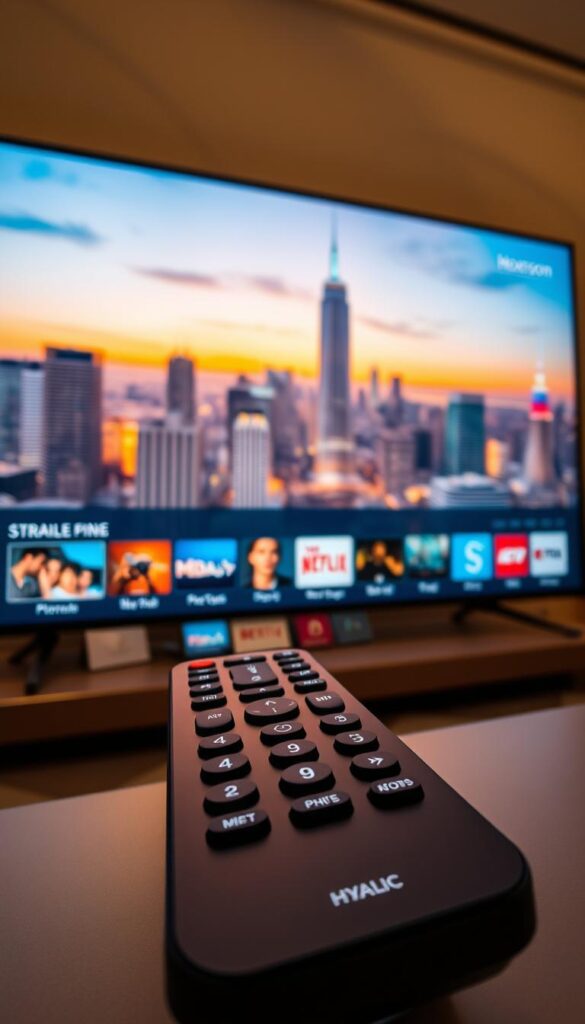 A high-quality IPTV service offered by Hoxtoon Provider, showcasing a sleek and modern user interface on a 4K television screen. In the foreground, a remote control with intuitive buttons and a clean design. The middle ground features various streaming app icons, indicating the breadth of content available. In the background, a vibrant city skyline with skyscrapers and neon lights, conveying a sense of urban sophistication. The lighting is warm and inviting, creating a premium atmosphere. The overall composition emphasizes the seamless integration of technology and entertainment, making Hoxtoon Provider the ultimate destination for an elevated streaming experience.