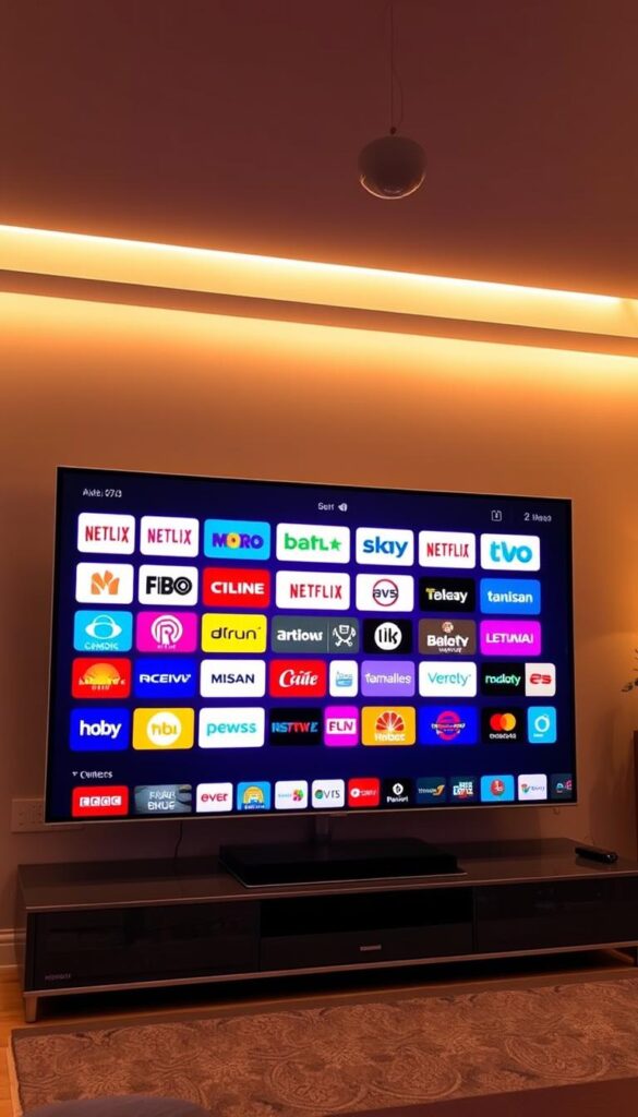 A high-quality IPTV service provided by the Hoxtoon Provider, showcasing a vibrant, crystal-clear display of diverse channels across a wide range of genres. The scene depicts a sleek, modern TV screen with a refined, minimalist aesthetic, bathed in warm, soft lighting that creates a cozy, inviting atmosphere. The screen displays a diverse array of channel logos, each rendered with exceptional detail and clarity, highlighting the exceptional streaming quality and performance optimization of the Hoxtoon service. The overall composition conveys a sense of technological sophistication and a premium user experience.