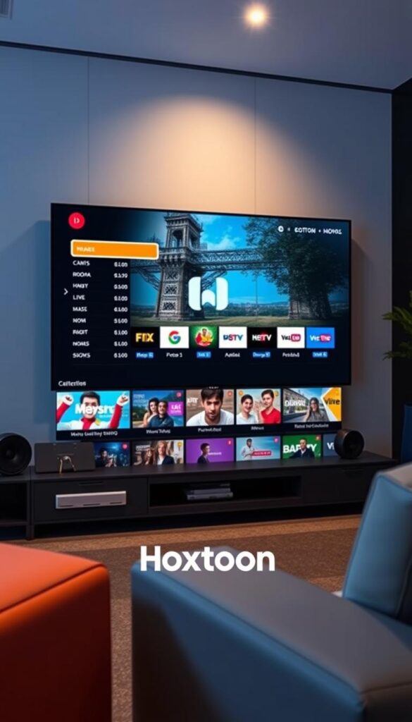 A high-quality IPTV service provider, Hoxtoon Provider, offering a vast library of live TV channels, on-demand content, and seamless streaming experience. Captured in a sleek, modern setting, the image showcases Hoxtoon's sophisticated user interface, highlighting its intuitive navigation and content curation. Vibrant colors, clean lines, and a minimalist aesthetic convey the service's premium quality and value proposition. The foreground features the Hoxtoon logo and branded elements, while the background depicts a subtle cityscape, hinting at the global reach and reliability of the platform. Soft, directional lighting and a slightly low camera angle create a sense of depth and professionalism, emphasizing Hoxtoon's position as a market-leading IPTV service.