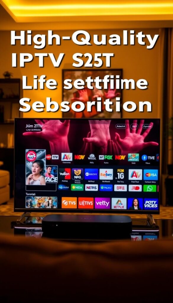 A high-quality IPTV service with a lifetime subscription from the Hoxtoon Provider, displayed on a sleek, modern device against a backdrop of a cozy living room. The screen showcases a diverse range of live TV channels, on-demand content, and reliable, uninterrupted streaming, reflecting the benefits of a long-term IPTV subscription. The lighting is warm and inviting, creating a sense of comfort and entertainment. The composition emphasizes the ease and convenience of the Hoxtoon IPTV solution, highlighting its reliability and value for USA viewers.