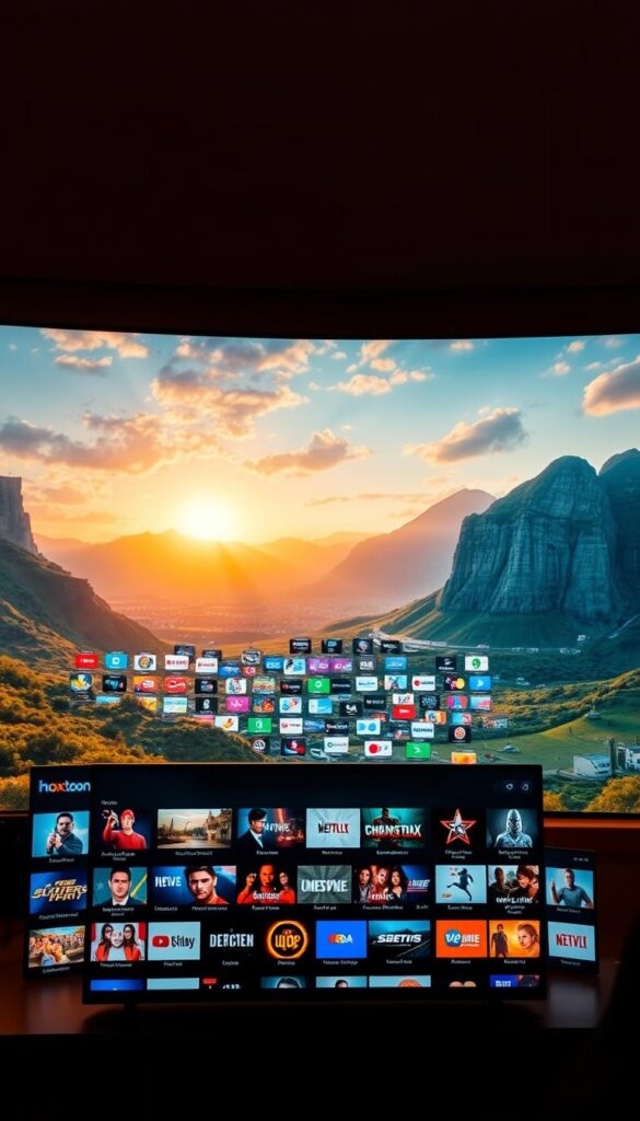 A high-quality IPTV service with a vast 21,000+ channel library, showcasing the premium offerings of the Hoxtoon Provider. In the foreground, a sleek, modern interface displaying a diverse selection of live channels, ranging from news and sports to movies and entertainment. The middle ground features a panoramic view of the channel grid, highlighting the sheer breadth of content available. In the background, a vibrant, cinematic landscape captures the excitement and immersion of the Hoxtoon Provider's cutting-edge IPTV experience. The scene is illuminated by warm, natural lighting, creating a welcoming and inviting atmosphere. The overall composition conveys the unparalleled content and seamless entertainment that the Hoxtoon Provider IPTV service delivers.