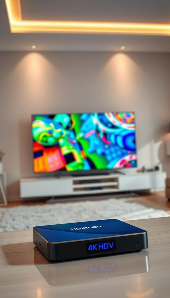 A high-quality IPTV service with the Hoxtoon Provider brand, showcased in a sleek, modern setting. The foreground features a 4K HDTV displaying a vivid, crystal-clear image with vibrant colors and sharp details. In the middle ground, a high-end streaming device, such as a smart TV or set-top box, is prominently displayed, highlighting the seamless integration of the Hoxtoon Provider platform. The background depicts a minimalist, well-lit living room, creating a sense of premium, high-end entertainment. The lighting is soft and warm, complementing the overall luxurious atmosphere. The camera angle is slightly elevated, conveying a sense of quality and sophistication.