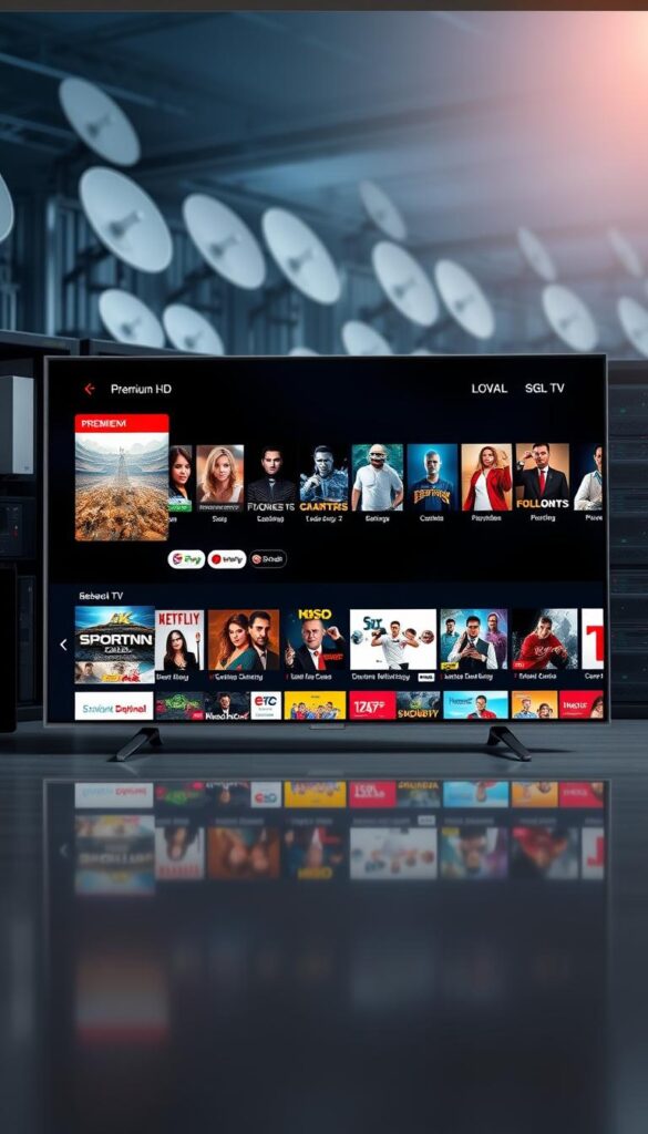 A high-quality IPTV service with the Hoxtoon Provider brand, showcasing a sleek and modern interface on a 4K smart TV. The screen displays a diverse selection of premium HD channels, movies, and live sports events, with seamless playback and crystal-clear visuals. In the background, a network of satellite dishes and server racks suggest the advanced infrastructure powering the service, while subtle lighting and reflections create a sense of sophistication and technological prowess. The overall composition conveys the elevated streaming experience and the attention to detail that distinguishes premium IPTV offerings from standard streaming platforms.