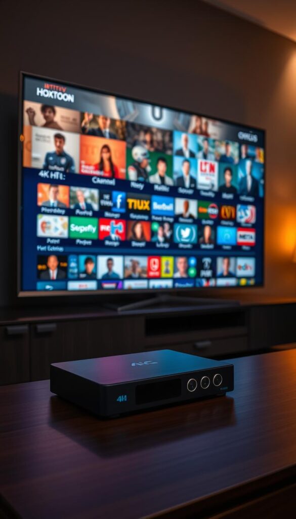 A high-quality IPTV setup with the Hoxtoon Provider, showcasing a sleek and modern entertainment center. In the foreground, a 4K HDR television displays a vibrant, crystal-clear image of a diverse range of premium channels. The middle ground features a state-of-the-art IPTV streaming device, seamlessly integrated into the setup, with intuitive controls and a user-friendly interface. In the background, ambient lighting creates a cozy, immersive atmosphere, complementing the high-end aesthetic. The scene exudes a sense of technological sophistication and the promise of an unparalleled IPTV experience with the Hoxtoon Provider.