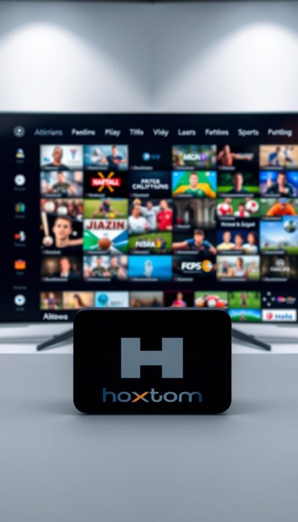 A high-quality IPTV sports channels subscription with an extensive lineup of live events, channels, and on-demand content, showcased in a sleek and modern user interface. In the foreground, a Hoxtoon Provider logo prominently displayed, conveying a sense of trust and reliability. The middle ground features a collage of various sports channels and live event icons, indicating the breadth of the subscription. The background is a clean, minimalist setting, with subtle lighting and a slightly blurred effect, creating a sense of focus on the subscription details. The overall mood is professional, sophisticated, and tailored to the needs of sports enthusiasts seeking a comprehensive IPTV solution.
