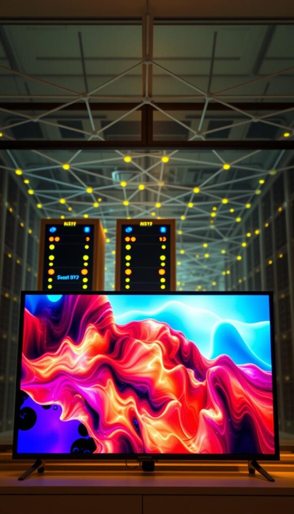 A high-quality IPTV streaming experience with the Hoxtoon Provider premium app. In the foreground, a vibrant, high-definition video stream showcases crisp visuals and smooth playback. The middle ground features a sleek, modern user interface with intuitive controls, indicating the app's technical performance. In the background, a network of interconnected servers and data centers, symbolizing the robust infrastructure powering the Hoxtoon Provider service. Soft, warm lighting illuminates the scene, creating a relaxed and immersive atmosphere. The overall composition conveys the seamless, premium-quality streaming that the Hoxtoon Provider app delivers.