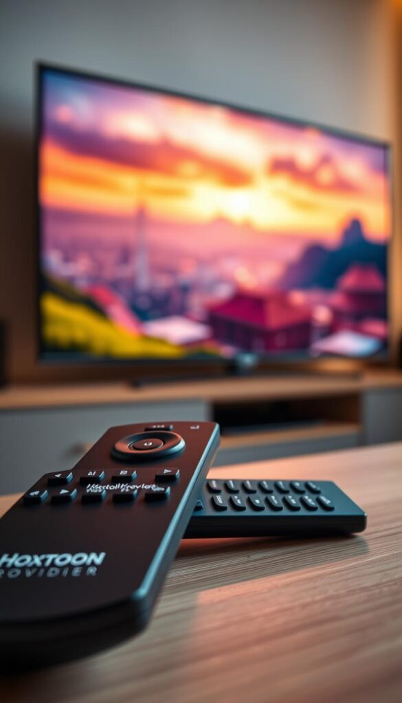 A high-quality IPTV streaming service, showcased by a close-up view of a TV screen displaying vibrant, crystal-clear video playback. The screen is bathed in a warm, cinematic lighting, creating a cozy, immersive atmosphere. In the foreground, a sleek, modern remote control with the "Hoxtoon Provider" brand logo rests on a minimalist, wooden surface. The background features a subtle, blurred cityscape, hinting at the global reach and connectivity of the IPTV service. The overall composition conveys the exceptional viewing experience and reliable performance of the Hoxtoon Provider IPTV platform.