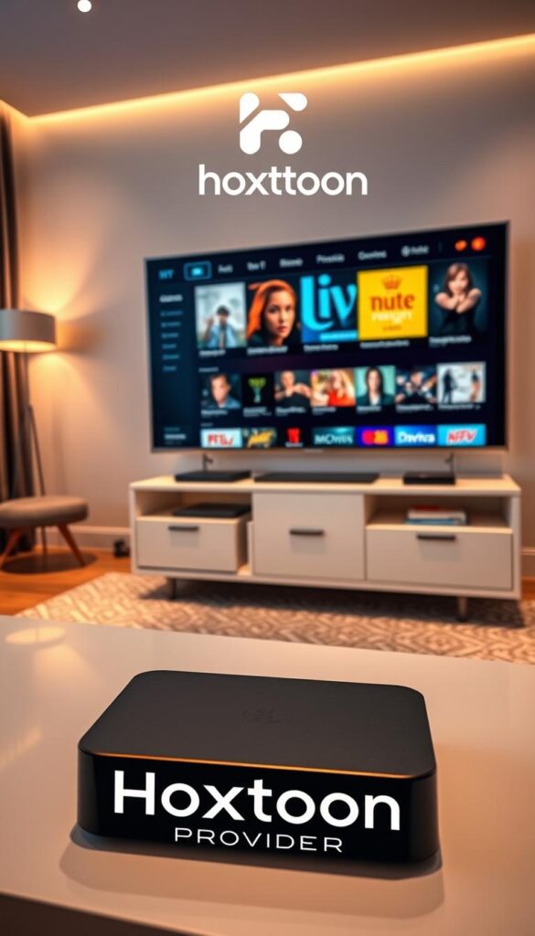 A high-quality IPTV streaming service with a sleek, modern interface. Showcasing the Hoxtoon Provider logo prominently, the image depicts a living room setup with a large flatscreen TV displaying a diverse selection of content. In the foreground, a remote control and streaming device sit on a minimalist coffee table, hinting at the seamless integration of the IPTV system. The middle ground features stylish home decor elements, creating a cozy, inviting atmosphere. The background softly blurs, drawing the viewer's attention to the captivating visuals on the screen. Warm, directional lighting casts a subtle glow, enhancing the premium, high-tech feel of the scene.