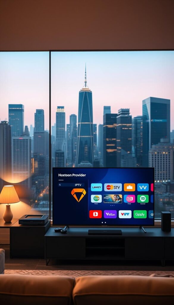 A high-quality IPTV streaming service with vibrant, crystal-clear visuals. In the foreground, a sleek smart TV displaying a streaming interface with the Hoxtoon Provider logo. The middle ground showcases a modern, minimalist living room setup, including a comfortable couch and various smart home devices. The background features a cityscape with towering skyscrapers, reflecting the urban, connected nature of IPTV technology. Soft, warm lighting creates a cozy, immersive atmosphere, highlighting the seamless integration of IPTV into a contemporary, technologically-advanced lifestyle.