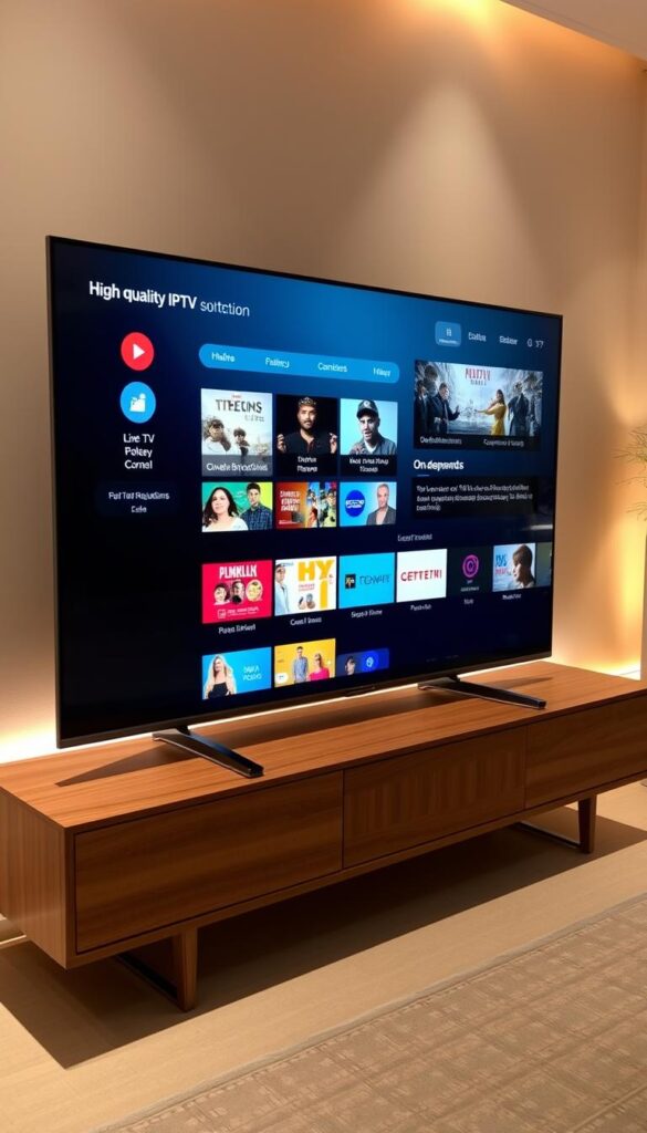 A high-quality IPTV subscription from the Hoxtoon Provider, displayed on a sleek, modern TV screen. The screen shows a sophisticated user interface with a grid of live TV channels, on-demand content, and personalized recommendations. The TV is placed on a minimalist wooden entertainment stand, with ambient lighting casting a warm glow. The scene conveys a sense of luxury, convenience, and a premium streaming experience.