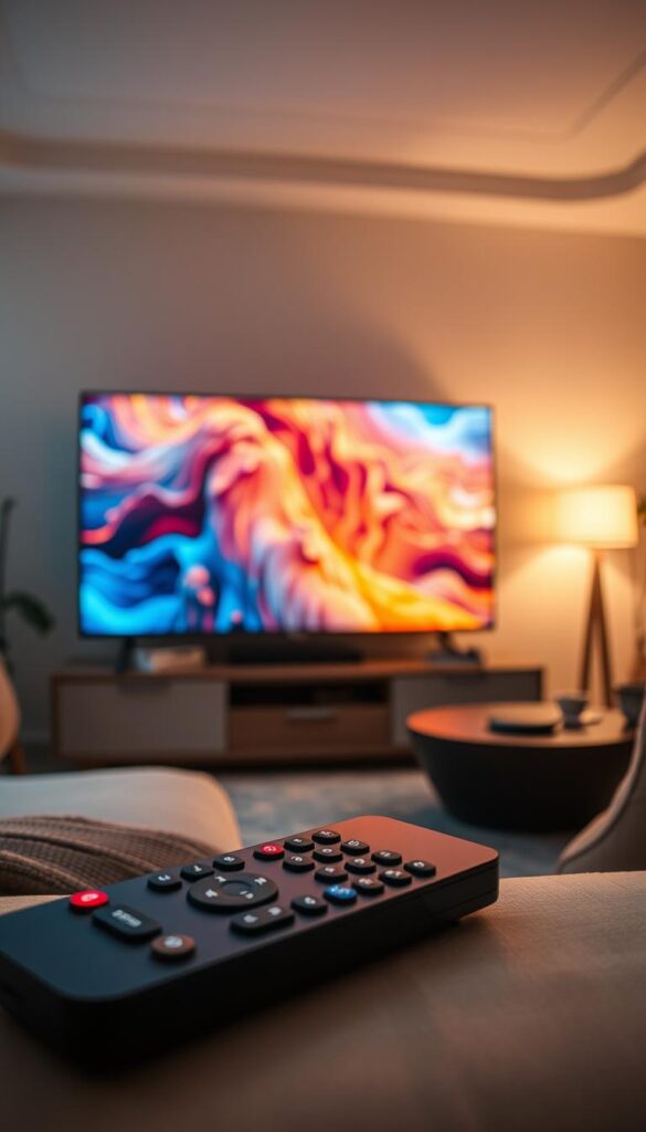 A high-quality TV streaming experience, showcasing the Hoxtoon Provider's technical prowess. A living room scene with a large, ultra-HD flatscreen television displaying vibrant, detailed images. Soft, warm lighting illuminates the room, creating a cozy, immersive atmosphere. The television is centered, capturing the viewer's attention, with a sleek, modern design that seamlessly blends into the space. In the foreground, a sophisticated remote control, symbolizing the user's control over the Hoxtoon Provider's seamless streaming capabilities. The background features subtle, minimalist decor, allowing the television to take center stage. The overall composition conveys a sense of effortless, high-quality entertainment, reflecting the Hoxtoon Provider's commitment to technical excellence.