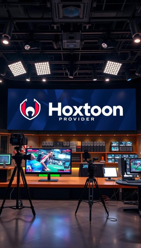 A high-quality broadcast studio showcasing the "Hoxtoon Provider" brand. In the foreground, a large widescreen display prominently features the channel's logo and live sports programming. Sophisticated lighting and sleek, modern camera equipment are arranged in the middle ground, creating a professional, high-tech atmosphere. The background depicts a spacious and well-appointed control room, with rows of monitors and electronic equipment, conveying the technical expertise and capabilities of the Hoxtoon platform. The overall scene exudes a sense of excitement and anticipation for the best in American sports coverage.