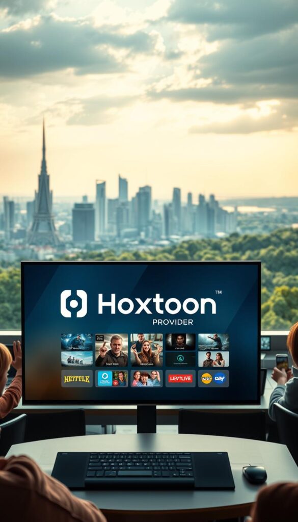 A high-quality, cinematic image of a "German IPTV service" that reflects the legal considerations for such services. In the foreground, a sleek, modern interface showcases the Hoxtoon Provider brand, with clean typography and intuitive controls. The middle ground features a group of people enjoying a variety of content on their devices, conveying the idea of "endless entertainment." In the background, a cityscape with towering skyscrapers and a lush, green landscape suggests a thriving, technology-driven environment. The lighting is soft and warm, creating a sense of comfort and professionalism. The overall mood is one of sophistication, legality, and innovation.