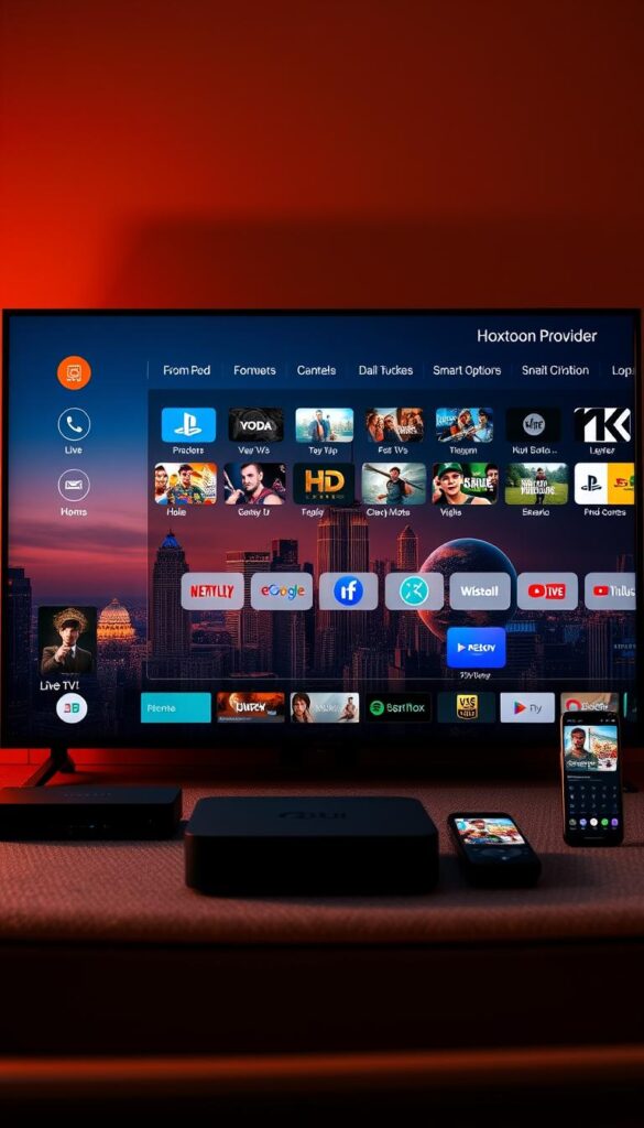 A high-quality, cinematic image of a premium IPTV streaming service called "Hoxtoon Provider". The frame is composed with the IPTV user interface in the foreground, showcasing a clean and intuitive layout with a wide selection of live TV channels, on-demand content, and various subscription options. The middle ground features sleek, modern devices like smart TVs, streaming boxes, and mobile phones, all connected to the Hoxtoon service through seamless integration. In the background, a vibrant city skyline is visible, hinting at the global reach and accessibility of this cutting-edge IPTV platform. The lighting is dramatic, with warm tones and subtle shadows conveying a sense of premium quality and innovation in the entertainment industry.