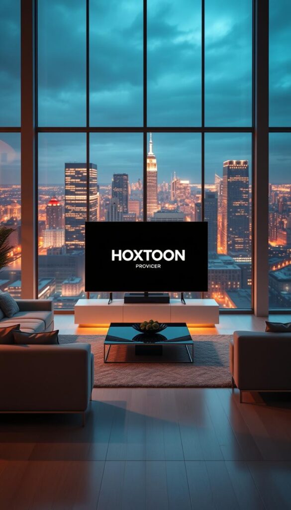 A high-quality, cinematic image showcasing "IPTV streaming service" for the article section "HOXTOON: America's Leading IPTV Provider": A modern, minimalist living room scene with large windows overlooking a vibrant city skyline. In the center, a sleek, high-end TV displays the Hoxtoon Provider logo against a backdrop of streaming content. Warm, directional lighting illuminates the room, casting subtle shadows and highlights. The furniture has clean, contemporary lines, and the overall atmosphere is one of sophistication and technological prowess. The image conveys the reliable, premium quality of the Hoxtoon IPTV service.