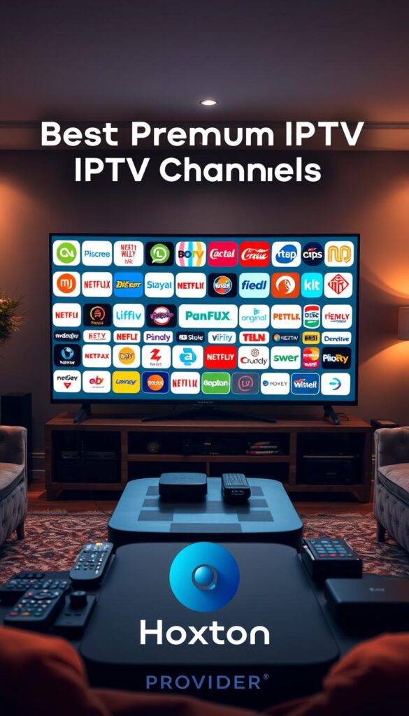 A high-quality cinematic image showcasing the "Best Premium IPTV Channels" with the Hoxtoon Provider brand prominently displayed. The foreground features a sleek, modern TV displaying a diverse array of premium channel logos, while the background depicts a cozy living room setting with plush furniture, warm lighting, and a sense of relaxation and entertainment. The middle ground includes various remote controls, streaming devices, and other accessories associated with a premium IPTV service. The overall composition conveys a luxurious and immersive home entertainment experience, with a focus on the extensive channel selection and the Hoxtoon Provider brand as a premium IPTV solution.