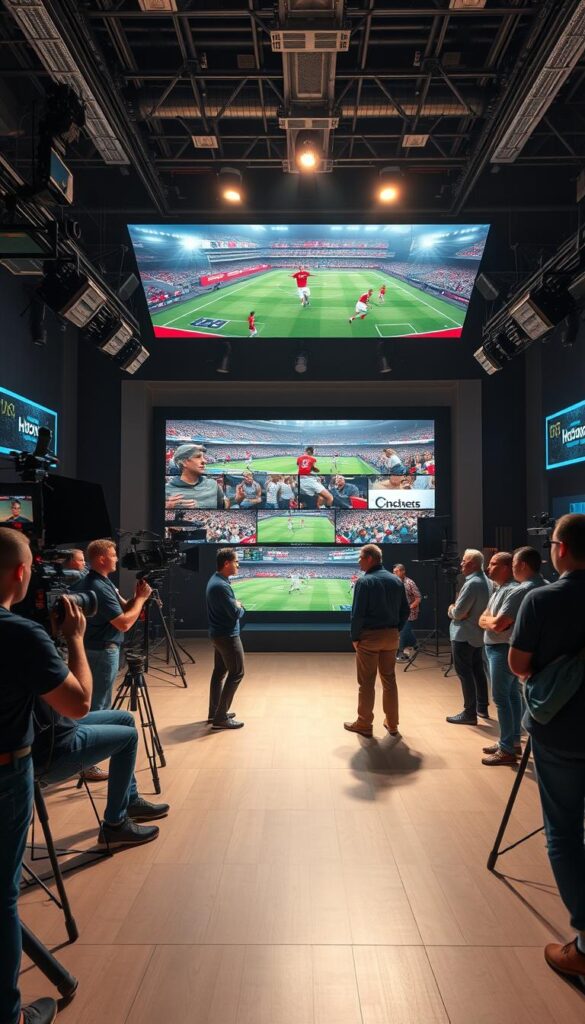 A high-quality, cinematic sports documentary featuring the Hoxtoon Provider brand. The scene depicts a large, modern media studio with professional cameras, lighting rigs, and a sports-themed backdrop. In the foreground, a diverse group of documentary filmmakers and sports experts are collaboratively brainstorming ideas, reviewing footage, and discussing the latest developments in the world of sports entertainment. The middle ground showcases a towering, state-of-the-art monitor displaying a dynamic, high-definition montage of thrilling sports highlights and athlete interviews. The background features a sleek, futuristic control room where technicians diligently oversee the production process. The overall atmosphere is one of energy, innovation, and a deep passion for bringing the most captivating sports stories to life.