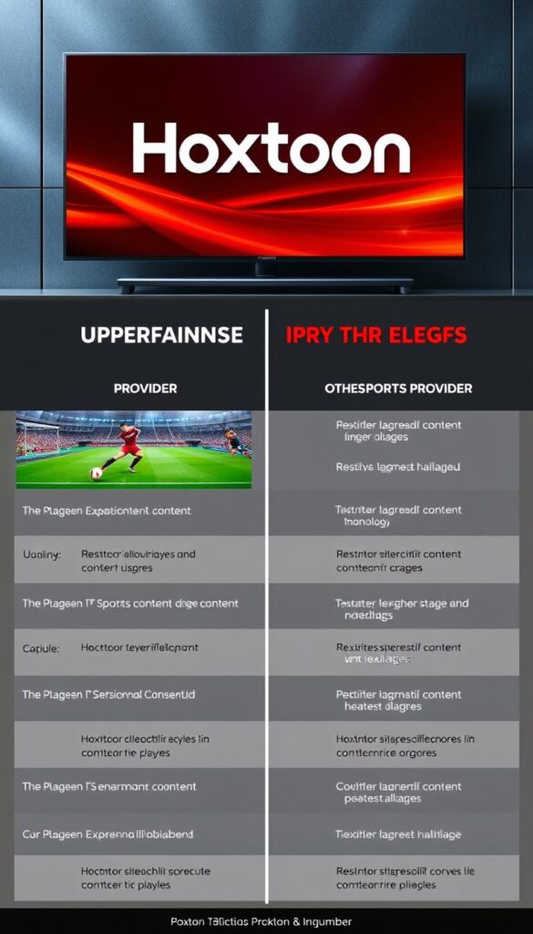 A high-quality comparison between the Hoxtoon Provider and other IPTV sports providers, showcased against a modern, sleek backdrop. Prominently display the Hoxtoon Provider logo and branding, with detailed images of their extensive sports content offerings and platform features. Capture the dynamic energy and quality of their service, conveying a sense of reliability, cutting-edge technology, and a premium user experience. Utilize clean, professional lighting and camera angles to highlight the key differentiators between Hoxtoon and competitors, creating a visually compelling and informative image.