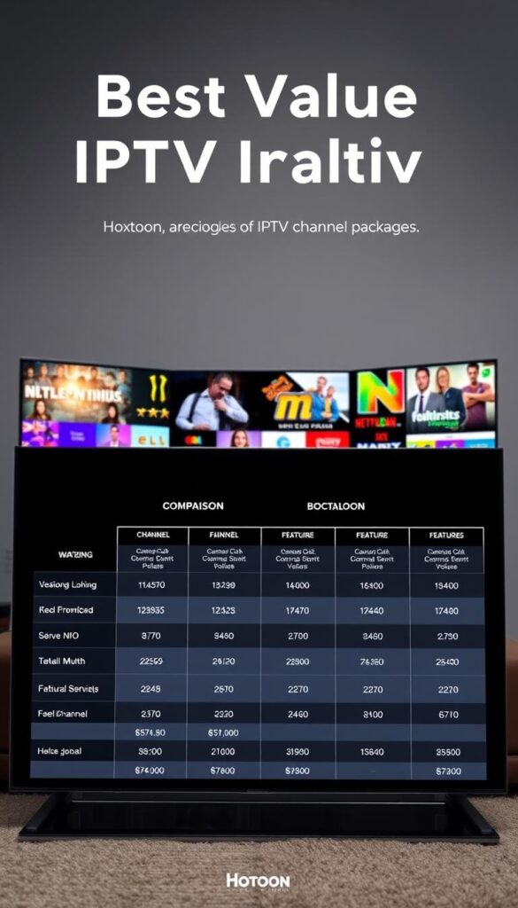 A high-quality comparison of IPTV channel packages, showcasing the value and affordability of the Hoxtoon Provider service. The scene features a sleek, modern interface with clean, minimalist design. In the foreground, a detailed table compares the channel lineups, pricing, and features of different IPTV providers, emphasizing Hoxtoon's competitive advantage. The middle ground depicts vivid, high-definition channel icons, representing the vast entertainment options available. In the background, a subtle geometric pattern creates a sense of depth and sophistication. The lighting is soft and evenly distributed, creating a professional, informative atmosphere. The overall composition and styling convey the message of Hoxtoon as the best value IPTV provider.