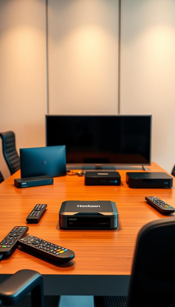 A high-quality comparison of the Hoxtoon Provider and other leading IPTV services, captured in a sleek, professional-looking image. The scene depicts a modern office setting with a large, well-lit desk showcasing various IPTV devices and remote controls. In the foreground, a Hoxtoon Provider device takes center stage, its design and branding prominently displayed. Surrounding it are the competitors' devices, each with their own distinct features and capabilities. The lighting is warm and directional, creating depth and emphasizing the products. The background features a minimalist, neutral-toned wall, allowing the IPTV devices to be the focal point. The overall atmosphere conveys a sense of sophistication and technological prowess, reflecting the high-quality IPTV services being compared.