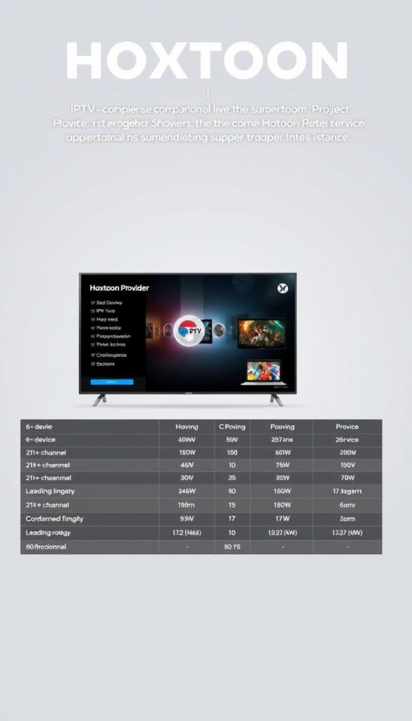 A high-quality, detailed comparison of IPTV service providers, showcasing the competitive advantages of the Hoxtoon Provider. The image depicts a modern, sleek design with a clean, minimalist layout. In the foreground, a prominent display shows key features and specifications of the Hoxtoon Provider, including its 6+ device support and 21K+ channel lineup. The middle ground features side-by-side comparisons of Hoxtoon against other leading IPTV services, highlighting its superior offerings. The background maintains a subtle, neutral tone, allowing the focal points to stand out. The overall composition conveys a sense of professionalism, technology, and market leadership for the Hoxtoon Provider brand.