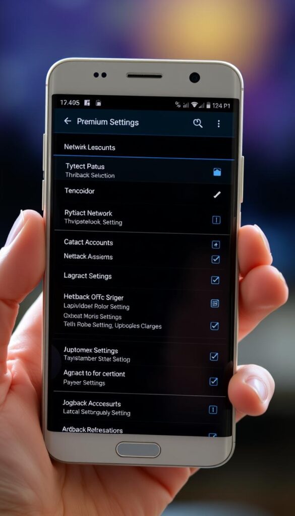 A high-quality, detailed digital illustration of an Android smartphone screen displaying the Hoxtoon Provider IPTV Premium APK configuration interface. The screen shows various menu options, settings, and options for configuring the IPTV service, including network, account, and playback settings. The UI is modern and intuitive, with a sleek, minimalist design. The smartphone is held in a natural, hand-held position, with a soft, diffused lighting source illuminating the screen. The background is blurred, keeping the focus on the smartphone display and the IPTV Premium APK configuration.