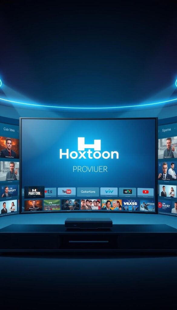 A high-quality, detailed digital illustration of the "Hoxtoon Provider" IPTV service. The image should feature a clean, modern interface showcasing the Hoxtoon logo prominently in the center, surrounded by various streaming content categories and features. The background should have a sleek, high-tech aesthetic with subtle lighting effects, creating a sense of professionalism and reliability. The overall composition should convey the idea of Hoxtoon as a premier IPTV provider for American viewers, with a focus on its comprehensive content library and user-friendly design.