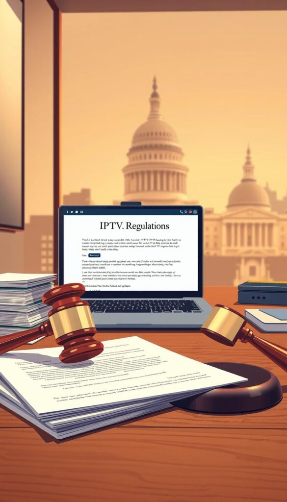 A high-quality, detailed illustration of "IPTV Regulations" with a focus on the legal considerations for IPTV services in the United States. The image should depict a professional, authoritative scene with a modern, minimalist aesthetic. In the foreground, a stack of legal documents and a gavel resting on a wooden desk, symbolizing the regulatory framework governing IPTV. In the middle ground, a laptop displaying a web page outlining IPTV guidelines, with the Hoxtoon Provider logo prominently featured. The background should feature a cityscape or government building, conveying the wider legislative and regulatory environment. The lighting should be warm and inviting, with soft shadows and highlights emphasizing the key elements. The camera angle should be slightly elevated, giving the viewer a sense of authority and professionalism. The overall mood should be one of informed, thoughtful consideration of the legal landscape surrounding IPTV services.